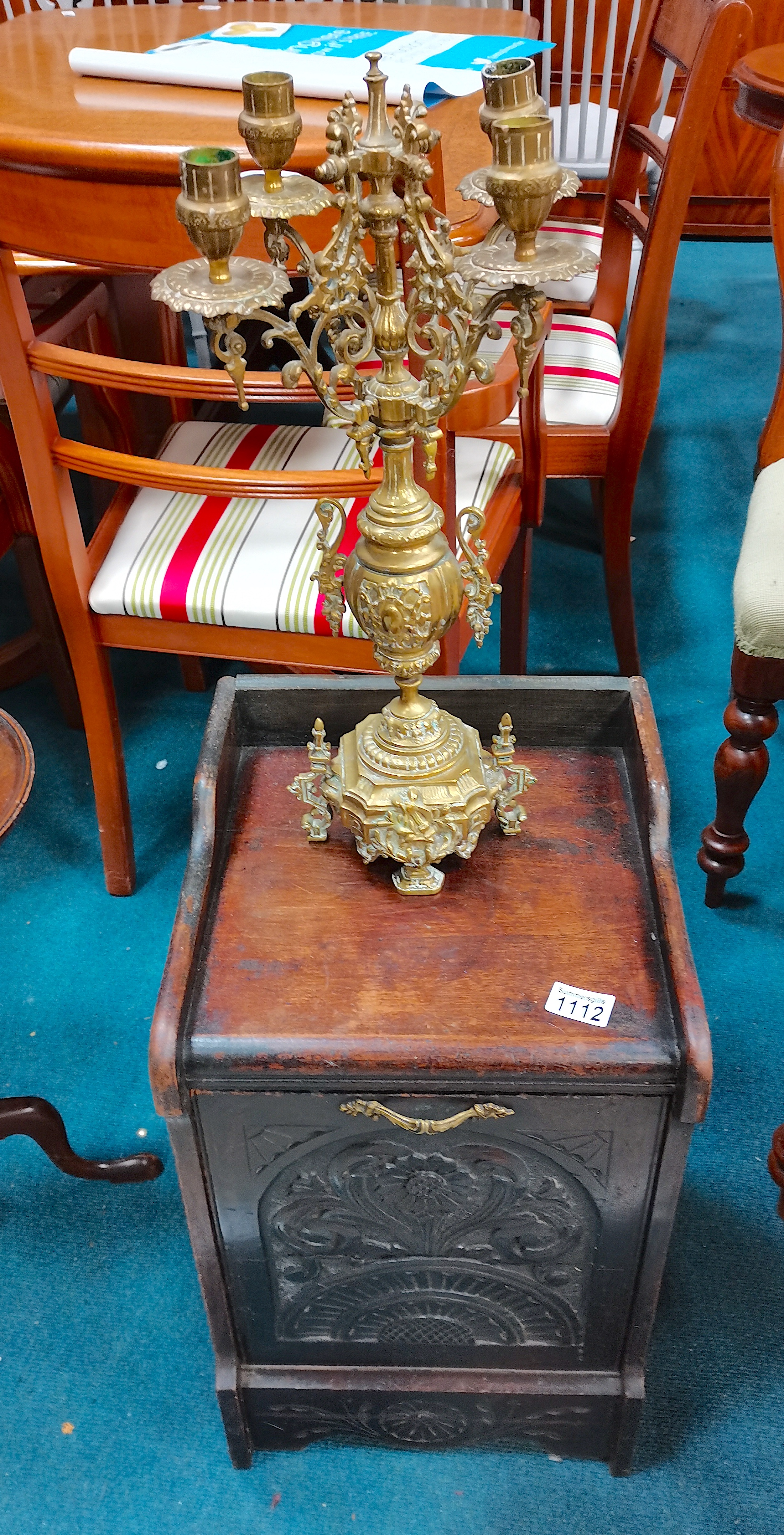 Victorian carved coal box with liner and brass candelabra