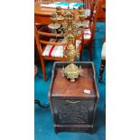 Victorian carved coal box with liner and brass candelabra