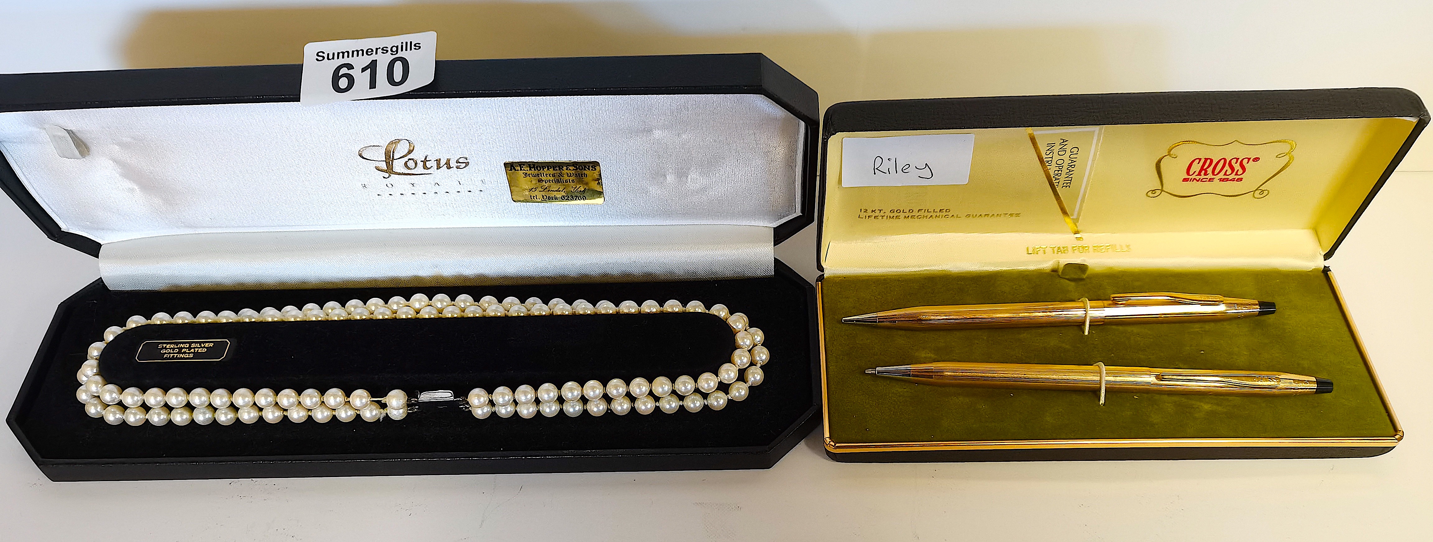 Lotus pearls plus 2 x 12ct gold cross pens in case