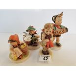 4 Hummel figures boy with rabbits, girl with chickens, girl with basket on arm and boy with