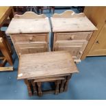 2 antique pine bedside cabinets plus nest of oak tables