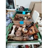 3 boxes of misc. - wooden ornaments and metal ware