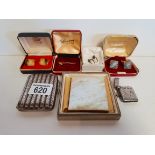 Silver match and vesta case 85g and misc. jewellery