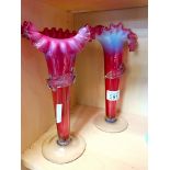 Pair of fluted Cranberry glass vases 25cm VGC