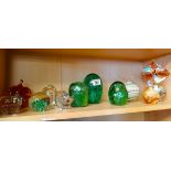 3 glass dumps, 6 paperweights and vase etc