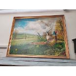 Large Oil painting of pheasants and hunting scene