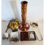 Art and Crafts style candlestick, AA badge, Ronson lighter and silver items
