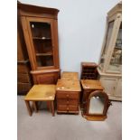 Pine corner cupboard, nest of tables, bedside cabinets and mirror