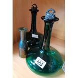 Pair of green glass decanters and Adrian Sankey vase 15cm VGC
