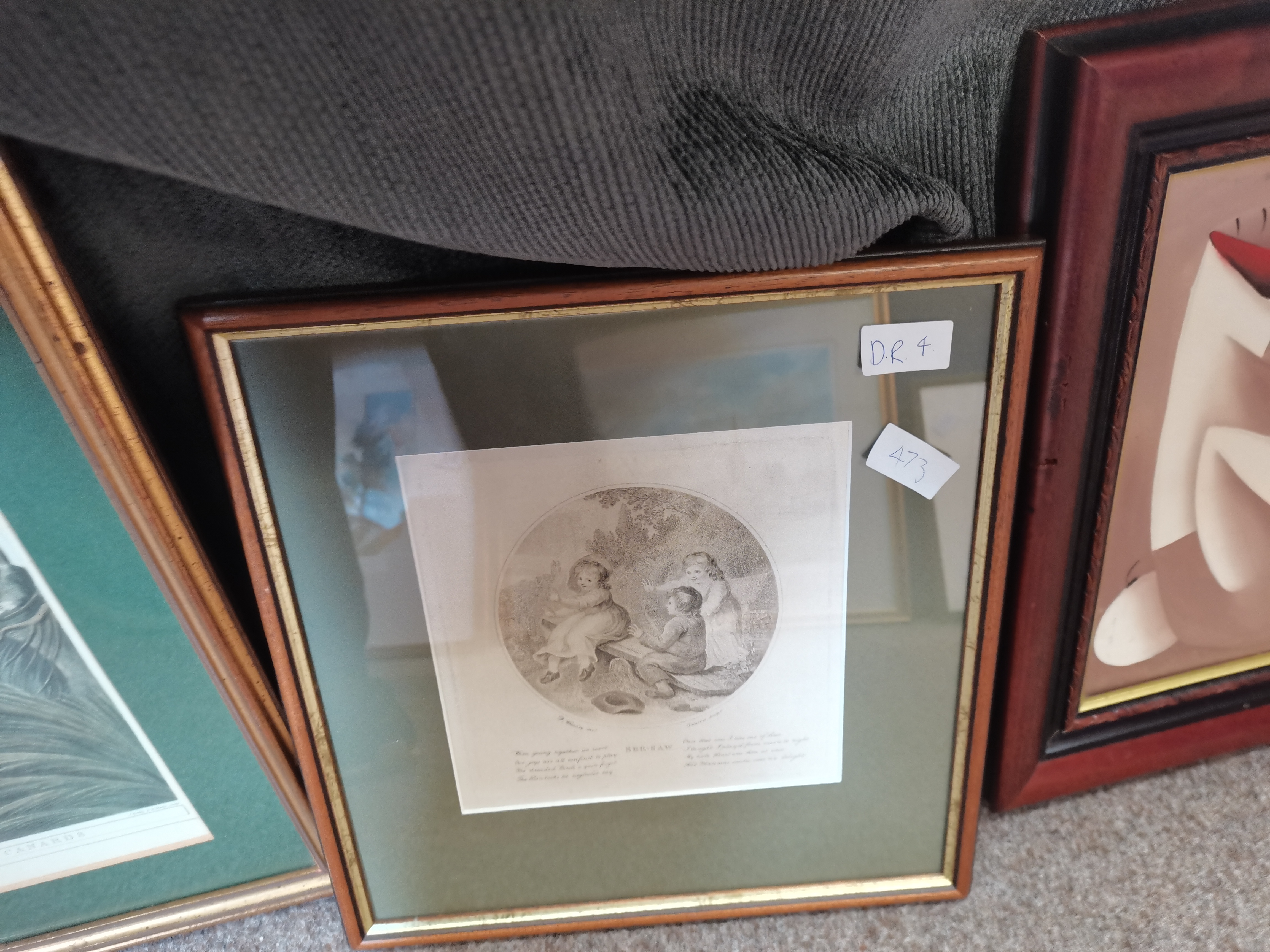 Framed engraving "Seesaw" 1795 plus 1960's oil on canvas by Joseph Cantave and framed print "Duck - Image 3 of 4