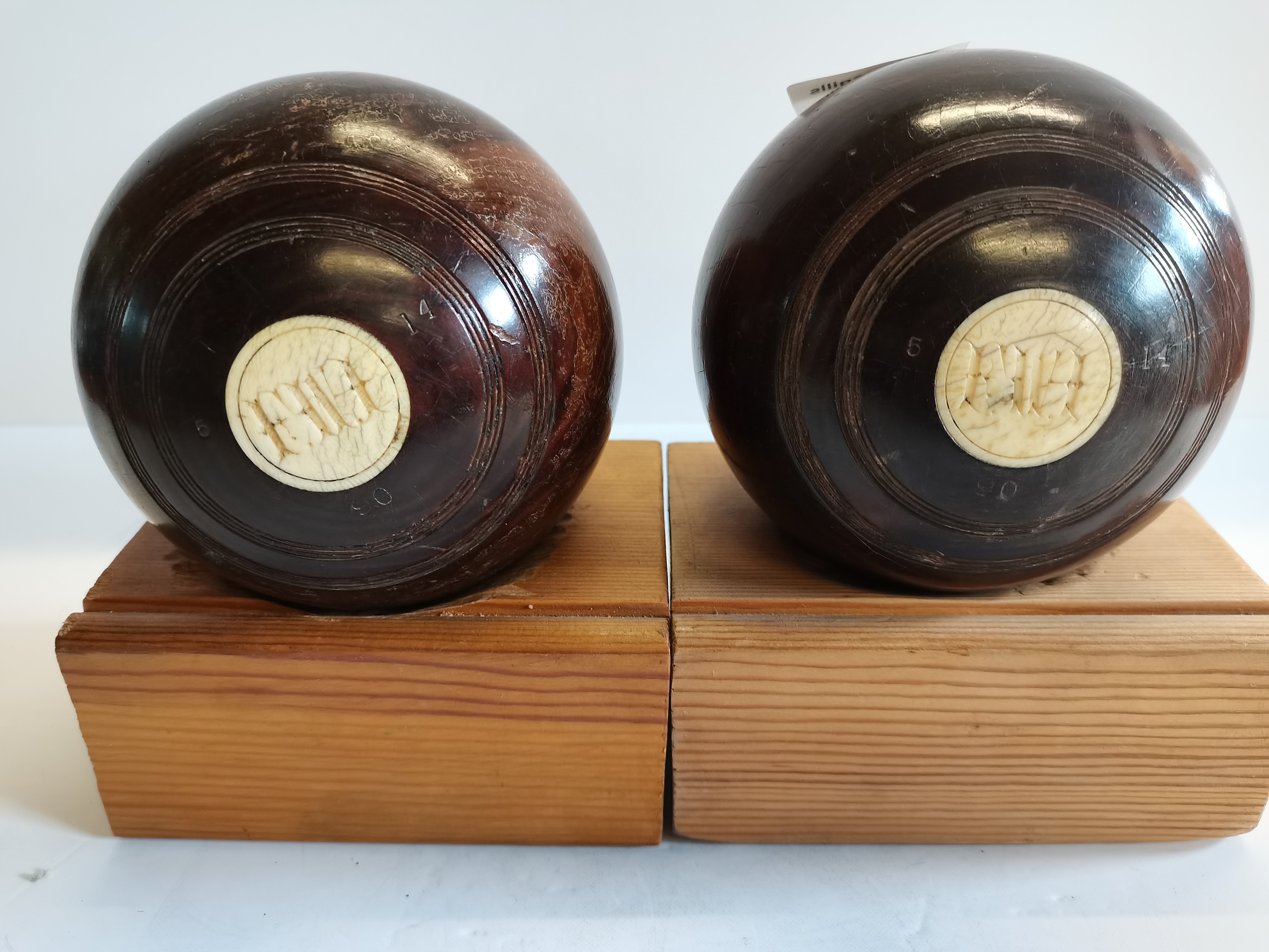 2 Wooden Balls 1914 Bowling Bowls on Stands - Image 2 of 2