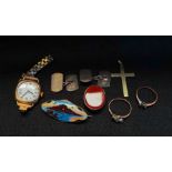 9ct gold ladies watch,enamel brooch, fob, 2 rings and pair of cufflinksand a cross