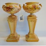 Royal Worcester blush pair of urns on stands 21cm height