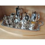 Large silver plated tray with Teaset coffee etc