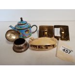 Enamel tea pot silvered ring holder etc.