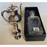 Cut glass Decanter with solid silver rim , silver plated coffee pot and silver plated sugar shaker