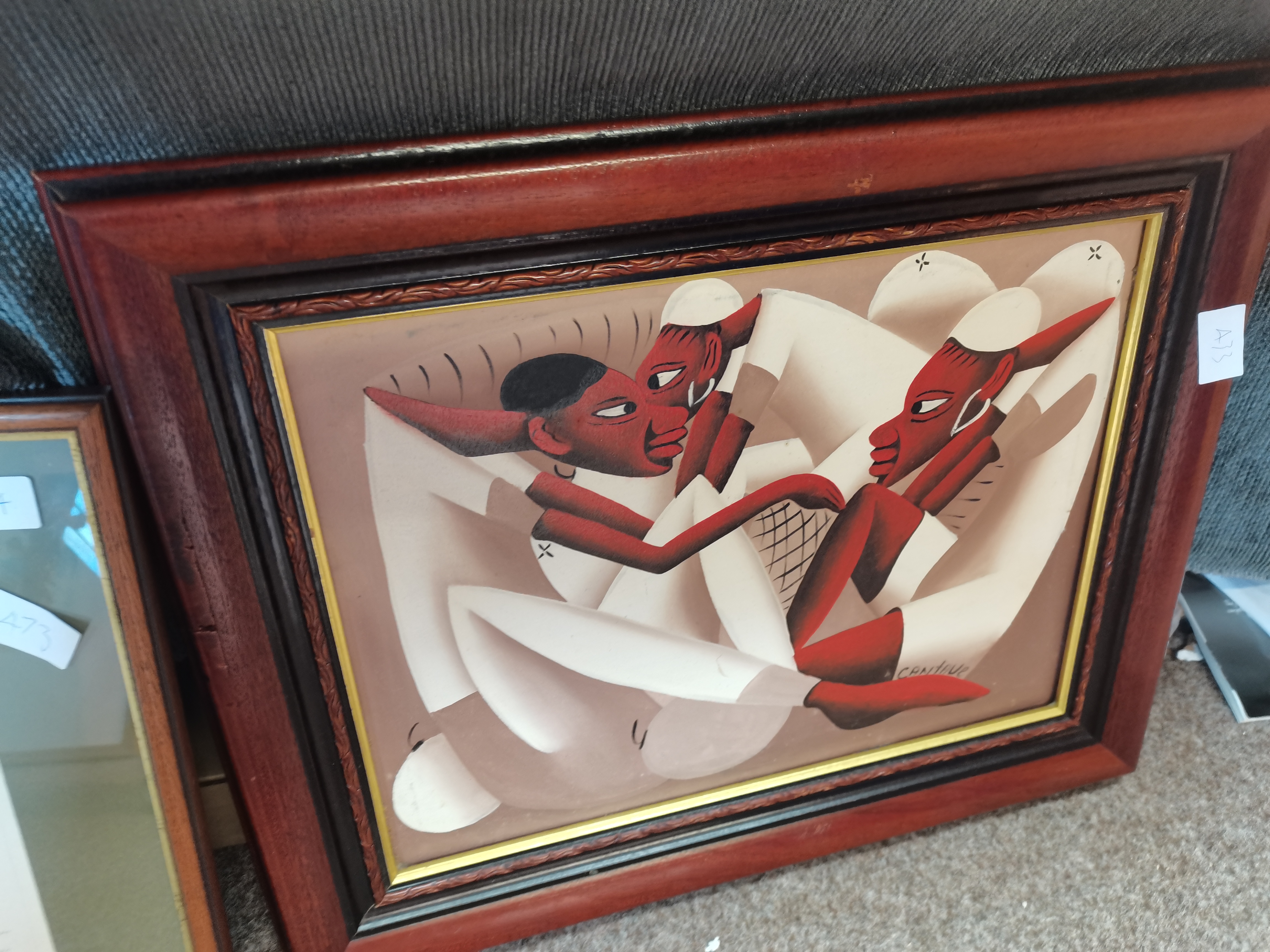 Framed engraving "Seesaw" 1795 plus 1960's oil on canvas by Joseph Cantave and framed print "Duck - Image 4 of 4