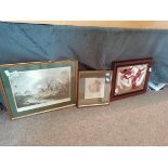 Framed engraving "Seesaw" 1795 plus 1960's oil on canvas by Joseph Cantave and framed print "Duck