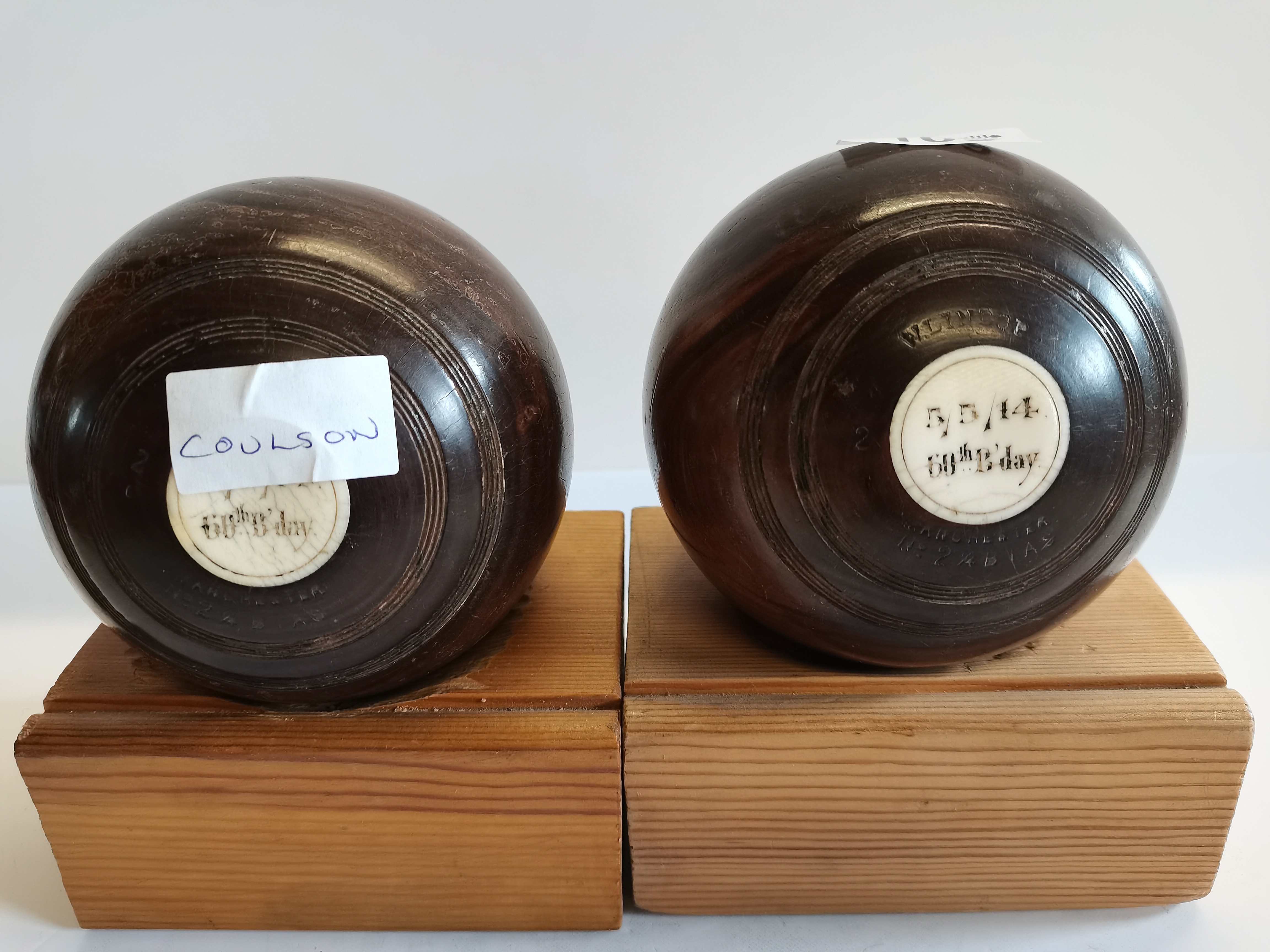2 Wooden Balls 1914 Bowling Bowls on Stands