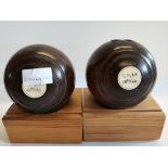 2 Wooden Balls 1914 Bowling Bowls on Stands