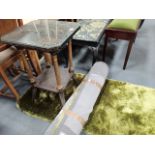 2 x grreen rugs and crackle glazed side table