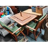 Teak garden table 2 x chairs and umbrella