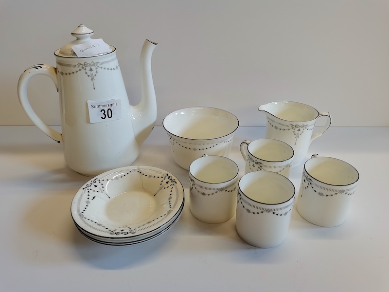 Shelley coffee set. Chip to coffee pot lid and repaired hairline crack in saucer
