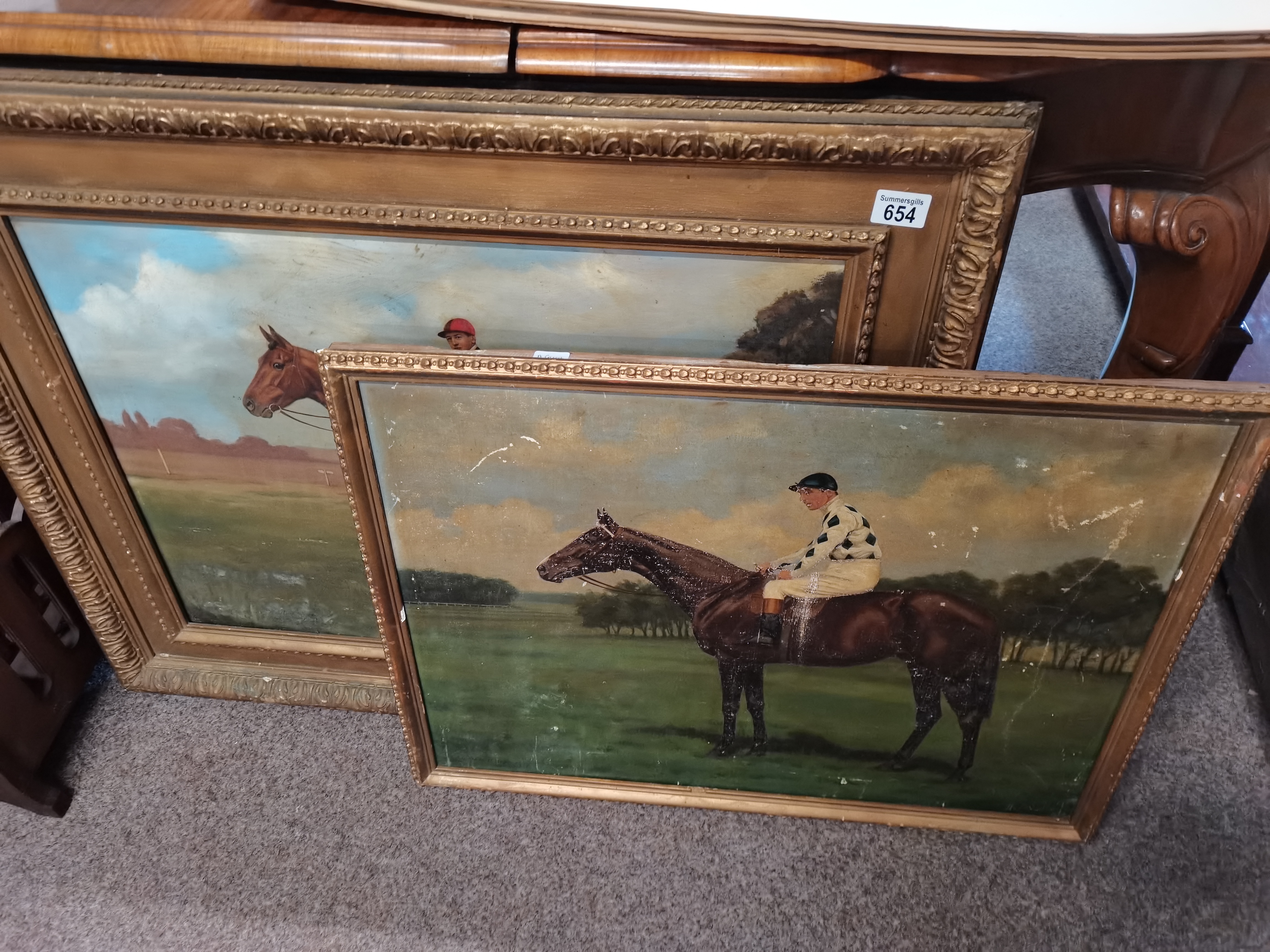 A pair of vintage oil on canvase of Race HorsesClarence Hailey newmarket ( slight damage )