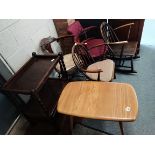 collection furniture- tea trolley, teak coffee table, 2 tub chiars etc