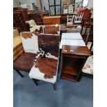 Oak bookcase, 4 Cow-hide covered dining chairs and two bedside cupboards