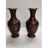 2 Burgundy Cloisonne Vases ( excellent condition )