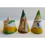 Clarice Cliff BIZARRE 3 piece cruet set Wilkinsons ( hairline to pepper pot )