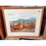 Watercolour of highland cows by D M Alderson