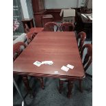reproduction mahogany dining table and 6 ballon back chairs 1m x 2 m with leaf