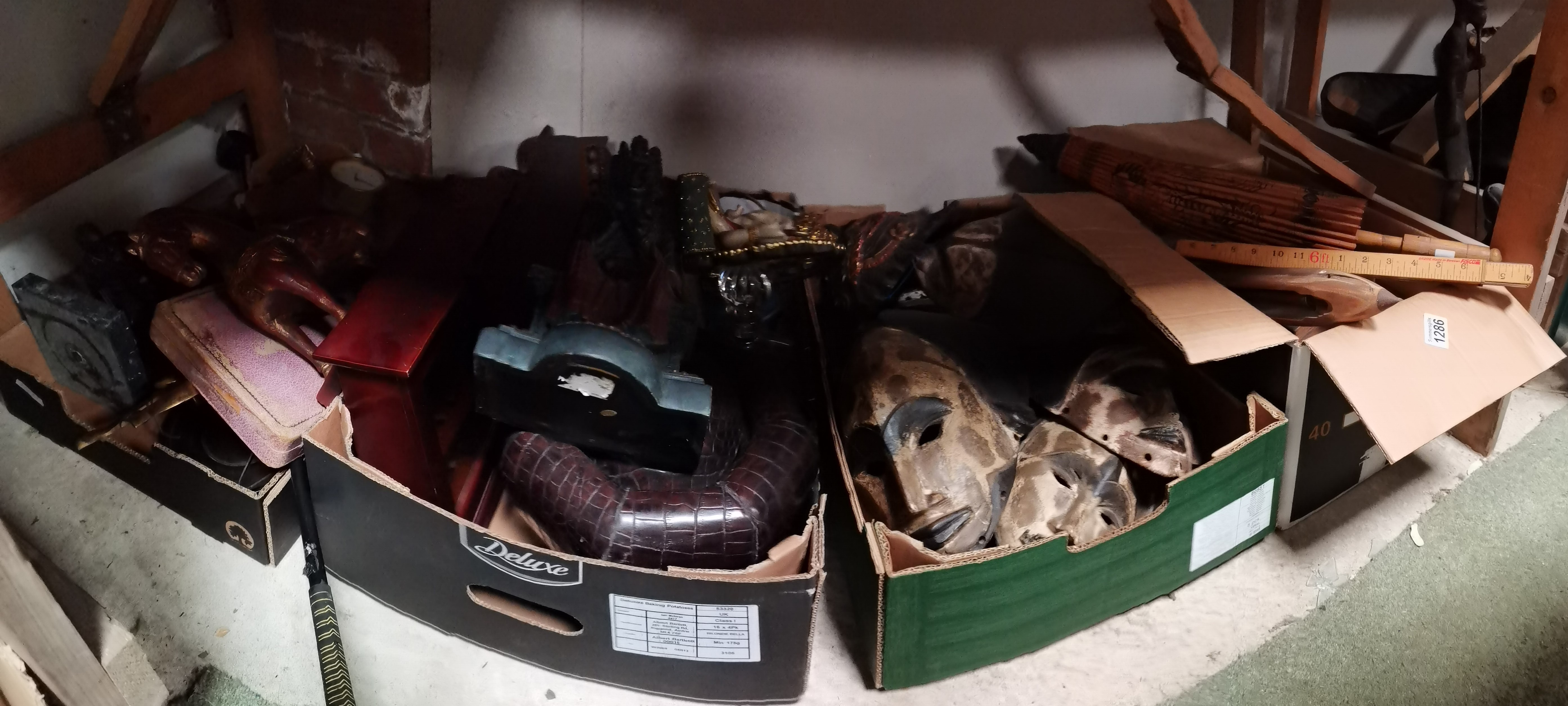 4 boxes of misc items incl masks, clock, wooden items etc