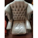 Leather button backed arm chair in grey