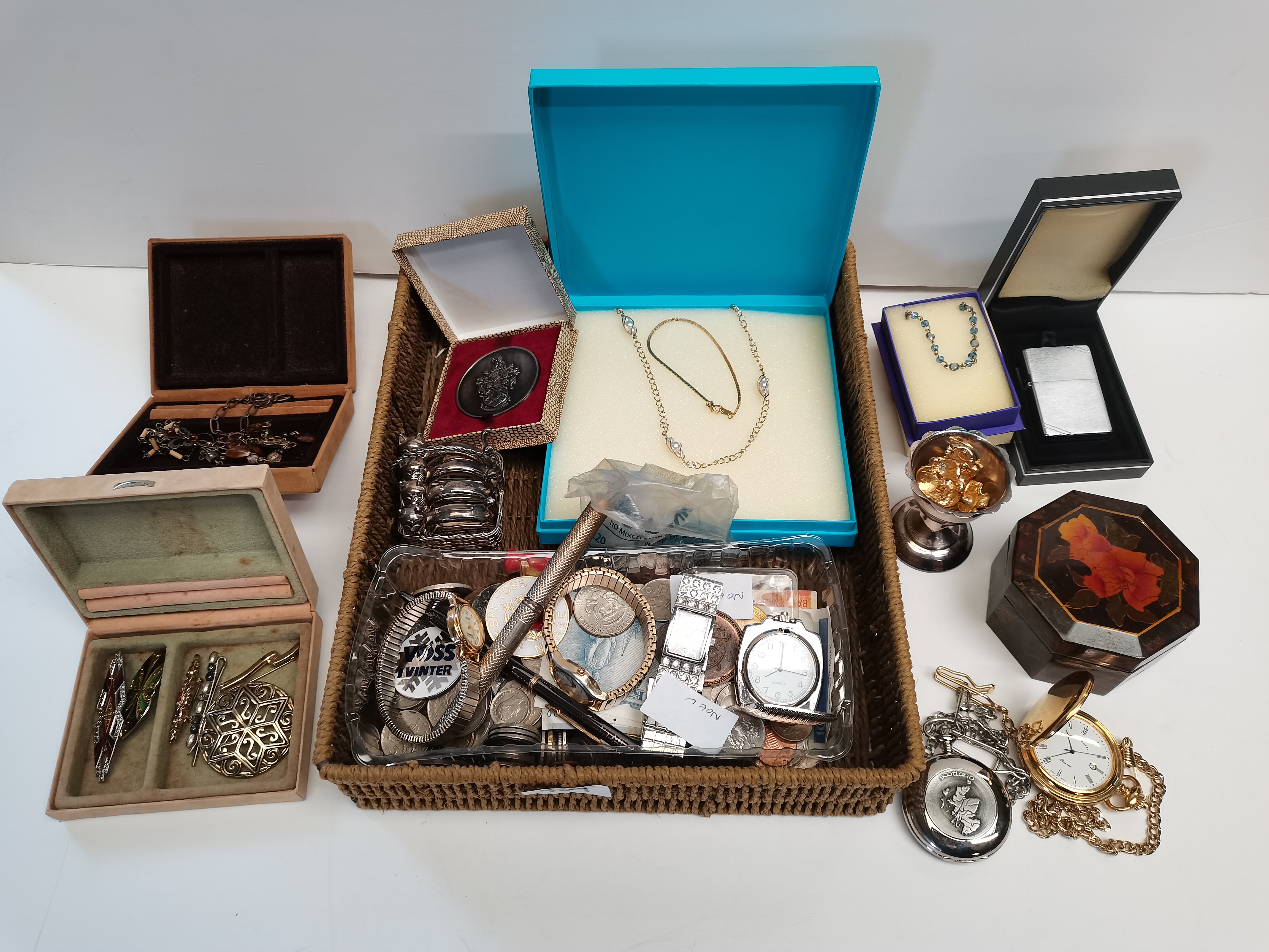 Box of coins watches and costume jewellery