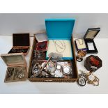 Box of coins watches and costume jewellery