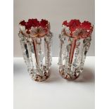 Antique Bohemian red lustres with faceted prisms