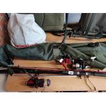 Large Quantity Of Fishing Gear Including Seat Rods Reels Landing net Etc