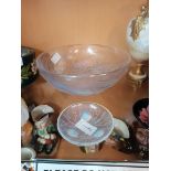 Lalique 24cm diameter bowl signedwith grey hound and leaf decoration ex condition and 10cm dish