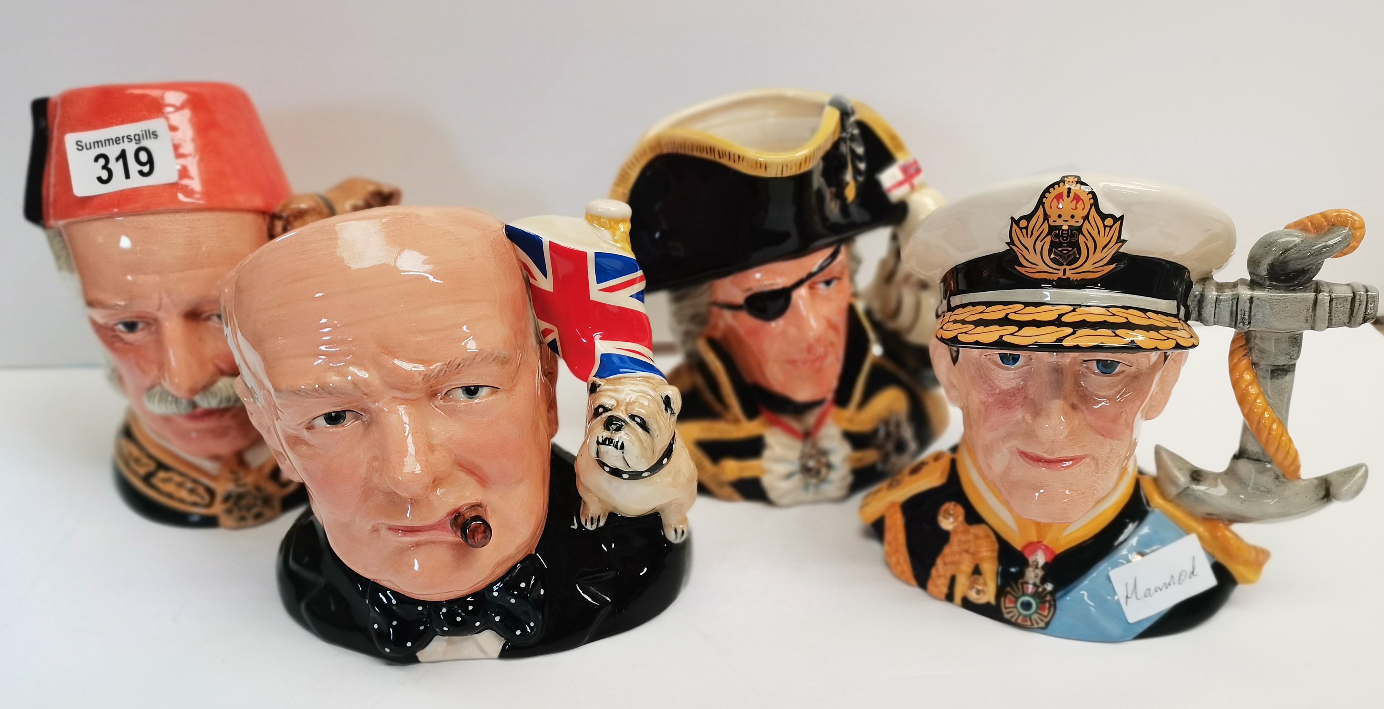 4 Royal Doulton Toby Jugs D6932 Lord Nelson, D6869 General Gordon, D6944 Earl Mountbatten of Burma