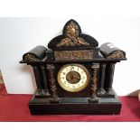 Large Black Slate Clock With Hunting Scene and Cherubs