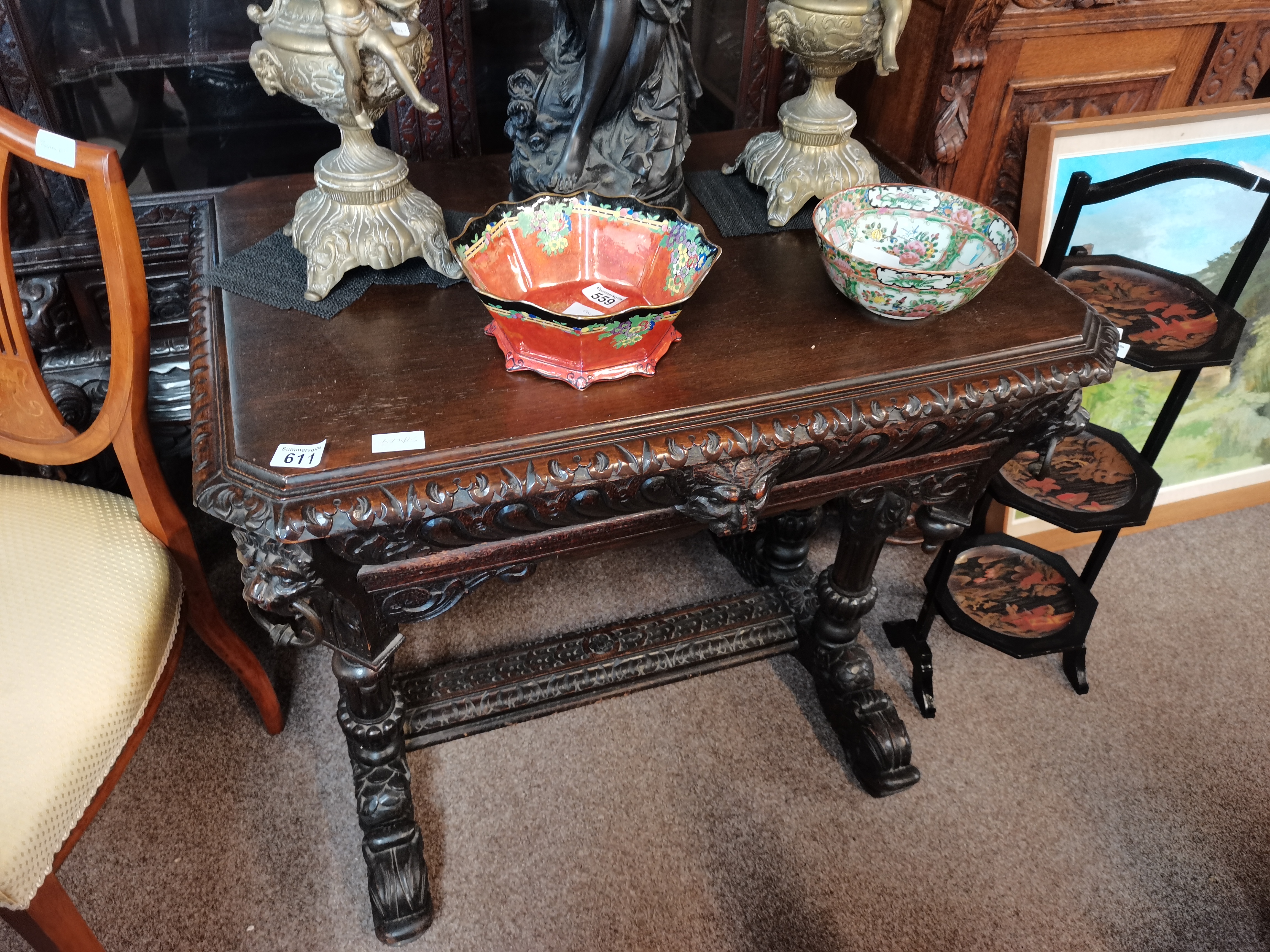 Antique heavily carved oak side table ( green man ) - Image 6 of 6