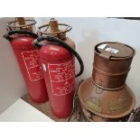2 Fire Extinguisers 3 Heavy Copper Sprays/urn/Cylinders and a copper Lantern Marked NUC Birmingham