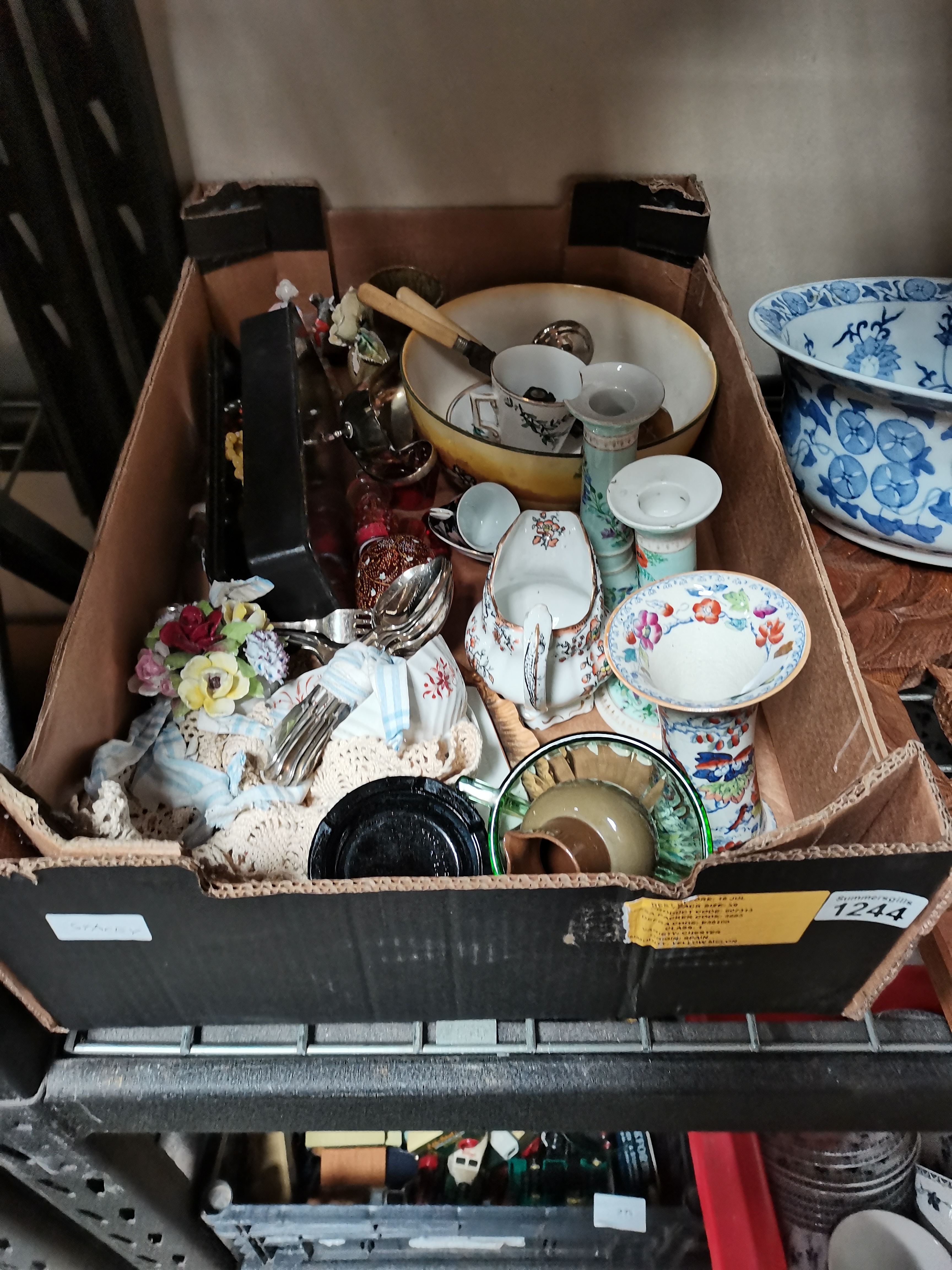 1 box misc. items incl costume jewellery, Royal Doulton bowl, china items etc