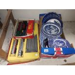 Box of Old Willow pattern crockery plus Tri-ang railway set