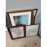 Framed pictures and prints incl map of North Riding of Yorkshire