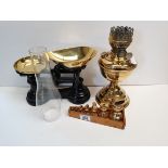 Brass Scales on a Cast Base Brass Oil lamp with Clear Glass Shade and a Set of Brass Imperial