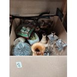 Misc. items incl glass candlesticks, wrought iron candlesticks, wooden figure etc.